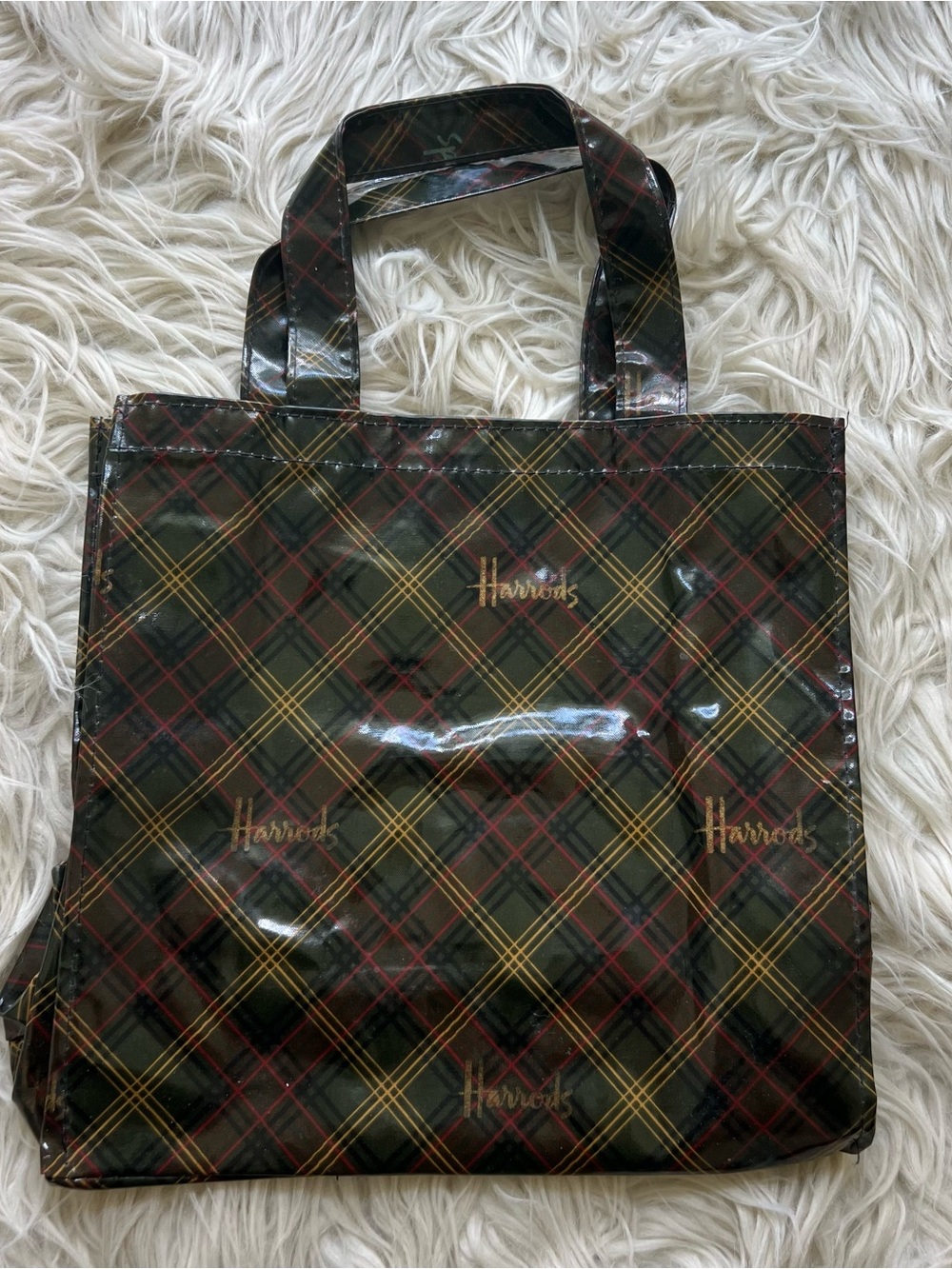 Harrods PVC Small Bag Tote Purse Green Plaid Spellout Logo 10 x 10